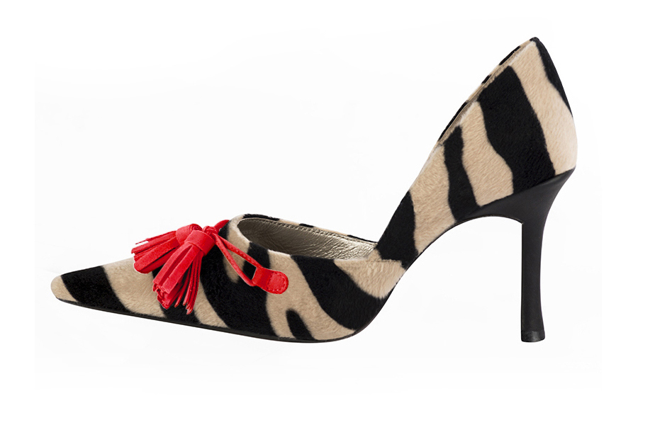 Safari black and scarlet red women's open arch dress pumps. Pointed toe. Very high slim heel. Profile view - Florence KOOIJMAN